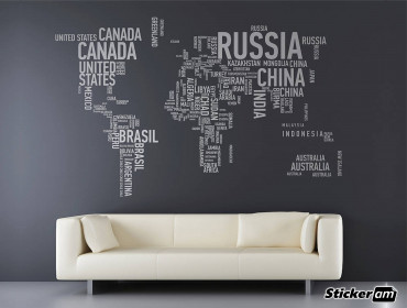 Оклейка текста на стену офиса - карта мира